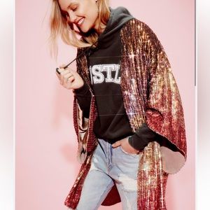 Free People Ombre Pink Iridescent Sequin Embellished Kimono Jacket XS/S flawed